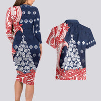 Wallis And Futuna Christmas Couples Matching Long Sleeve Bodycon Dress and Hawaiian Shirt Seashell Xmas Tree Tribal Waves - Polynesian Pride