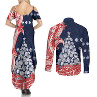 Wallis And Futuna Christmas Couples Matching Summer Maxi Dress and Long Sleeve Button Shirt Seashell Xmas Tree Tribal Waves - Polynesian Pride