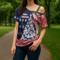 Wallis And Futuna Christmas Cross Shoulder Shirt Seashell Xmas Tree Tribal Waves - Polynesian Pride