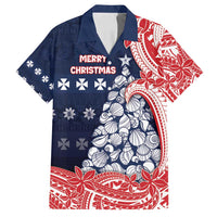 Wallis And Futuna Christmas Family Matching Long Sleeve Bodycon Dress and Hawaiian Shirt Seashell Xmas Tree Tribal Waves DT05 Dad's Shirt - Short Sleeve Navy - Polynesian Pride