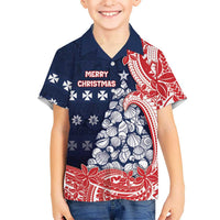 Wallis And Futuna Christmas Family Matching Long Sleeve Bodycon Dress and Hawaiian Shirt Seashell Xmas Tree Tribal Waves DT05 Son's Shirt Navy - Polynesian Pride