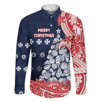 Wallis And Futuna Christmas Family Matching Off The Shoulder Long Sleeve Dress and Hawaiian Shirt Seashell Xmas Tree Tribal Waves DT05 Dad's Shirt - Long Sleeve Navy - Polynesian Pride