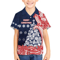 Wallis And Futuna Christmas Family Matching Off Shoulder Short Dress and Hawaiian Shirt Seashell Xmas Tree Tribal Waves DT05 Son's Shirt Navy - Polynesian Pride