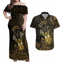 Niue Christmas Couples Matching Off Shoulder Maxi Dress and Hawaiian Shirt Niuean Crab Xmas Tribal Waves DT05 Gold - Polynesian Pride