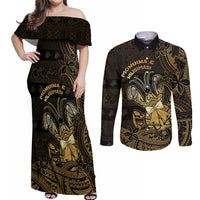 Niue Christmas Couples Matching Off Shoulder Maxi Dress and Long Sleeve Button Shirt Niuean Crab Xmas Tribal Waves - Polynesian Pride
