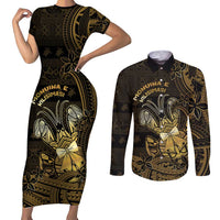 Niue Christmas Couples Matching Short Sleeve Bodycon Dress and Long Sleeve Button Shirt Niuean Crab Xmas Tribal Waves DT05 Gold - Polynesian Pride