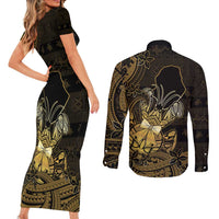 Niue Christmas Couples Matching Short Sleeve Bodycon Dress and Long Sleeve Button Shirt Niuean Crab Xmas Tribal Waves - Polynesian Pride