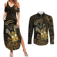 Niue Christmas Couples Matching Summer Maxi Dress and Long Sleeve Button Shirt Niuean Crab Xmas Tribal Waves - Polynesian Pride