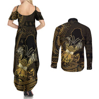 Niue Christmas Couples Matching Summer Maxi Dress and Long Sleeve Button Shirt Niuean Crab Xmas Tribal Waves - Polynesian Pride