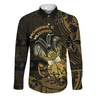 Niue Christmas Family Matching Off Shoulder Maxi Dress and Hawaiian Shirt Niuean Crab Xmas Tribal Waves DT05 Dad's Shirt - Long Sleeve Gold - Polynesian Pride