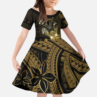 Niue Christmas Family Matching Short Sleeve Bodycon Dress and Hawaiian Shirt Niuean Crab Xmas Tribal Waves DT05 Daughter's Dress Gold - Polynesian Pride
