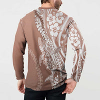 Hawaii Puakenikeni And Maile Lei Button Sweatshirt Brown Polynesian Shark Tattoo DT05