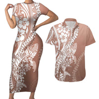 Hawaii Puakenikeni And Maile Lei Couples Matching Short Sleeve Bodycon Dress and Hawaiian Shirt Brown Polynesian Shark Tattoo DT05 Brown - Polynesian Pride
