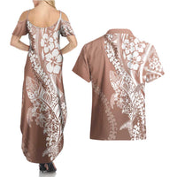 Hawaii Puakenikeni And Maile Lei Couples Matching Summer Maxi Dress and Hawaiian Shirt Brown Polynesian Shark Tattoo DT05 - Polynesian Pride