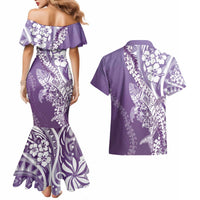 Hawaii Puakenikeni And Maile Lei Couples Matching Mermaid Dress and Hawaiian Shirt Violet Polynesian Shark Tattoo DT05 - Polynesian Pride