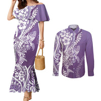Hawaii Puakenikeni And Maile Lei Couples Matching Mermaid Dress and Long Sleeve Button Shirt Violet Polynesian Shark Tattoo DT05 Violet - Polynesian Pride