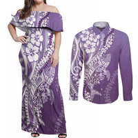 Hawaii Puakenikeni And Maile Lei Couples Matching Off Shoulder Maxi Dress and Long Sleeve Button Shirt Violet Polynesian Shark Tattoo DT05 Violet - Polynesian Pride