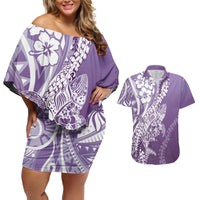 Hawaii Puakenikeni And Maile Lei Couples Matching Off Shoulder Short Dress and Hawaiian Shirt Violet Polynesian Shark Tattoo DT05 Violet - Polynesian Pride