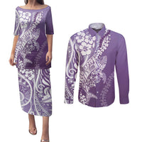 Hawaii Puakenikeni And Maile Lei Couples Matching Puletasi and Long Sleeve Button Shirt Violet Polynesian Shark Tattoo DT05