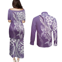 Hawaii Puakenikeni And Maile Lei Couples Matching Puletasi and Long Sleeve Button Shirt Violet Polynesian Shark Tattoo DT05