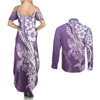 Hawaii Puakenikeni And Maile Lei Couples Matching Summer Maxi Dress and Long Sleeve Button Shirt Violet Polynesian Shark Tattoo DT05 - Polynesian Pride