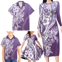 Hawaii Puakenikeni And Maile Lei Family Matching Long Sleeve Bodycon Dress and Hawaiian Shirt Violet Polynesian Shark Tattoo DT05 - Polynesian Pride