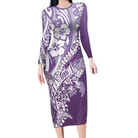 Hawaii Puakenikeni And Maile Lei Family Matching Long Sleeve Bodycon Dress and Hawaiian Shirt Violet Polynesian Shark Tattoo DT05 Mom's Dress Violet - Polynesian Pride