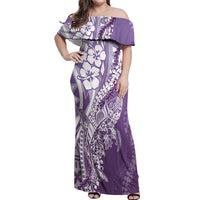 Hawaii Puakenikeni And Maile Lei Off Shoulder Maxi Dress Violet Polynesian Shark Tattoo DT05 Women Violet - Polynesian Pride