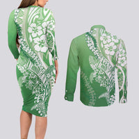 Hawaii Puakenikeni And Maile Lei Couples Matching Long Sleeve Bodycon Dress and Long Sleeve Button Shirt Green Polynesian Shark Tattoo DT05 - Polynesian Pride