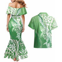 Hawaii Puakenikeni And Maile Lei Couples Matching Mermaid Dress and Hawaiian Shirt Green Polynesian Shark Tattoo DT05 - Polynesian Pride