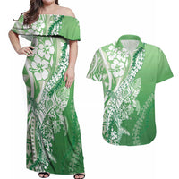 Hawaii Puakenikeni And Maile Lei Couples Matching Off Shoulder Maxi Dress and Hawaiian Shirt Green Polynesian Shark Tattoo DT05 Green - Polynesian Pride