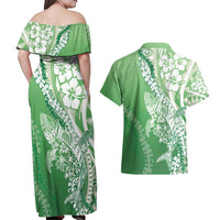 Hawaii Puakenikeni And Maile Lei Couples Matching Off Shoulder Maxi Dress and Hawaiian Shirt Green Polynesian Shark Tattoo DT05 - Polynesian Pride