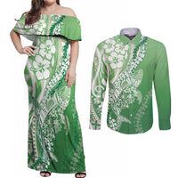 Hawaii Puakenikeni And Maile Lei Couples Matching Off Shoulder Maxi Dress and Long Sleeve Button Shirt Green Polynesian Shark Tattoo DT05 Green - Polynesian Pride