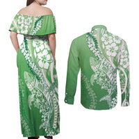 Hawaii Puakenikeni And Maile Lei Couples Matching Off Shoulder Maxi Dress and Long Sleeve Button Shirt Green Polynesian Shark Tattoo DT05 - Polynesian Pride