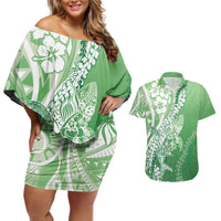 Hawaii Puakenikeni And Maile Lei Couples Matching Off Shoulder Short Dress and Hawaiian Shirt Green Polynesian Shark Tattoo DT05 Green - Polynesian Pride