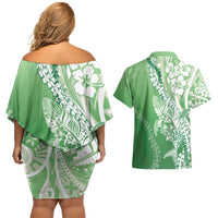 Hawaii Puakenikeni And Maile Lei Couples Matching Off Shoulder Short Dress and Hawaiian Shirt Green Polynesian Shark Tattoo DT05 - Polynesian Pride