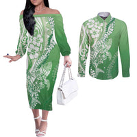 Hawaii Puakenikeni And Maile Lei Couples Matching Off The Shoulder Long Sleeve Dress and Long Sleeve Button Shirt Green Polynesian Shark Tattoo DT05 Green - Polynesian Pride