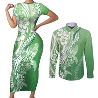 Hawaii Puakenikeni And Maile Lei Couples Matching Short Sleeve Bodycon Dress and Long Sleeve Button Shirt Green Polynesian Shark Tattoo DT05 Green - Polynesian Pride