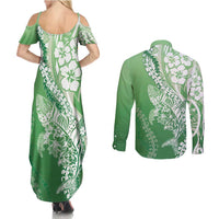 Hawaii Puakenikeni And Maile Lei Couples Matching Summer Maxi Dress and Long Sleeve Button Shirt Green Polynesian Shark Tattoo DT05 - Polynesian Pride