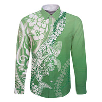 Hawaii Puakenikeni And Maile Lei Family Matching Off The Shoulder Long Sleeve Dress and Hawaiian Shirt Green Polynesian Shark Tattoo DT05