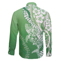 Hawaii Puakenikeni And Maile Lei Family Matching Off The Shoulder Long Sleeve Dress and Hawaiian Shirt Green Polynesian Shark Tattoo DT05