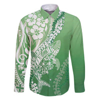 Hawaii Puakenikeni And Maile Lei Family Matching Off Shoulder Maxi Dress and Hawaiian Shirt Green Polynesian Shark Tattoo DT05 Dad's Shirt - Long Sleeve Green - Polynesian Pride