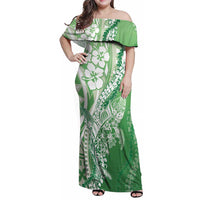 Hawaii Puakenikeni And Maile Lei Family Matching Off Shoulder Maxi Dress and Hawaiian Shirt Green Polynesian Shark Tattoo DT05 Mom's Dress Green - Polynesian Pride