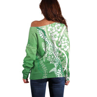 Hawaii Puakenikeni And Maile Lei Off Shoulder Sweater Green Polynesian Shark Tattoo DT05