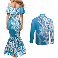 Hawaii Puakenikeni And Maile Lei Couples Matching Mermaid Dress and Long Sleeve Button Shirt Blue Polynesian Shark Tattoo DT05 - Polynesian Pride