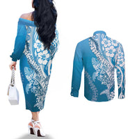 Hawaii Puakenikeni And Maile Lei Couples Matching Off The Shoulder Long Sleeve Dress and Long Sleeve Button Shirt Blue Polynesian Shark Tattoo DT05 - Polynesian Pride