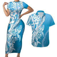 Hawaii Puakenikeni And Maile Lei Couples Matching Short Sleeve Bodycon Dress and Hawaiian Shirt Blue Polynesian Shark Tattoo DT05 Blue - Polynesian Pride