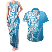 Hawaii Puakenikeni And Maile Lei Couples Matching Tank Maxi Dress and Hawaiian Shirt Blue Polynesian Shark Tattoo DT05 Blue - Polynesian Pride