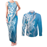 Hawaii Puakenikeni And Maile Lei Couples Matching Tank Maxi Dress and Long Sleeve Button Shirt Blue Polynesian Shark Tattoo DT05 Blue - Polynesian Pride