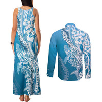 Hawaii Puakenikeni And Maile Lei Couples Matching Tank Maxi Dress and Long Sleeve Button Shirt Blue Polynesian Shark Tattoo DT05 - Polynesian Pride